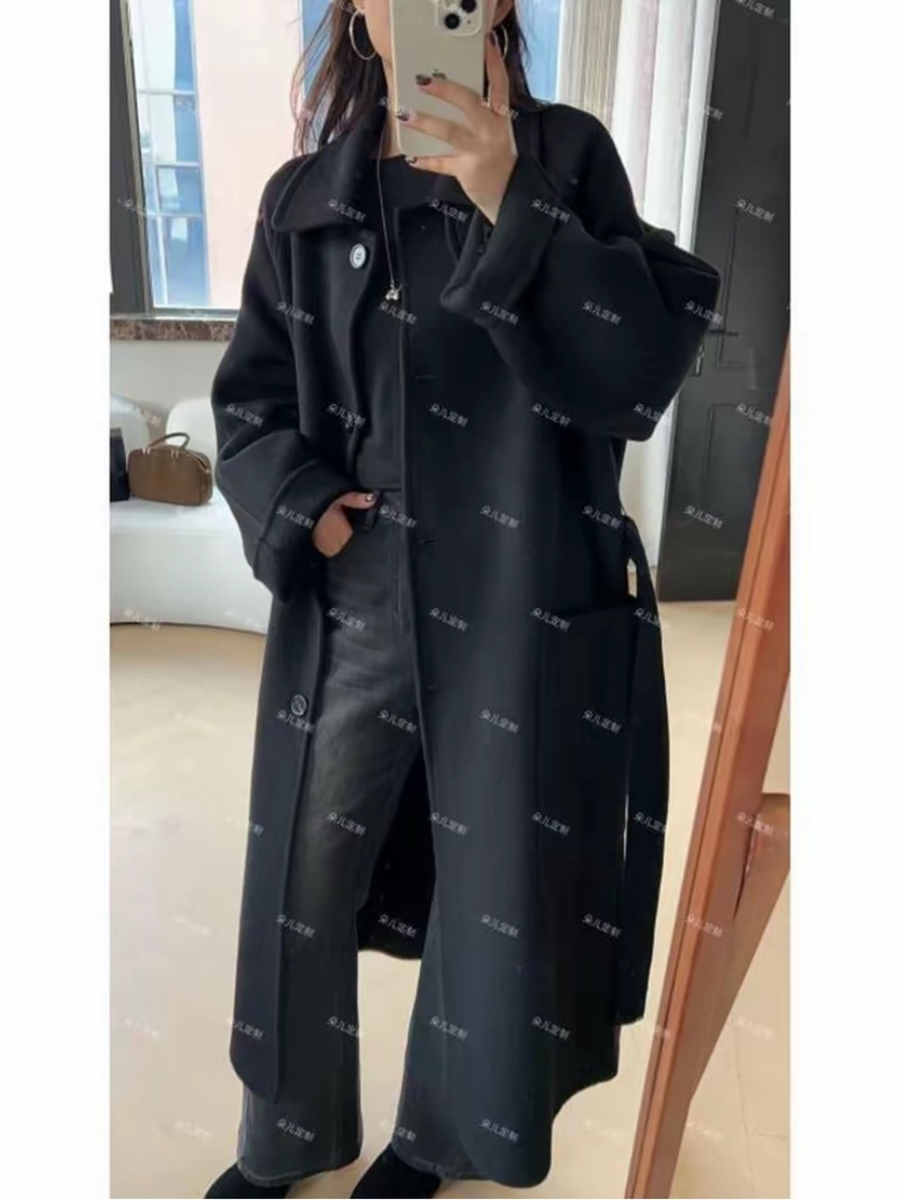 Women's Black Long Wool Coat - Oversized Trench